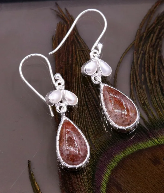 TRIBAL ORNAMENTS Earrings Vintage design style stone 925 sterling silver dangling hoop earrings s323