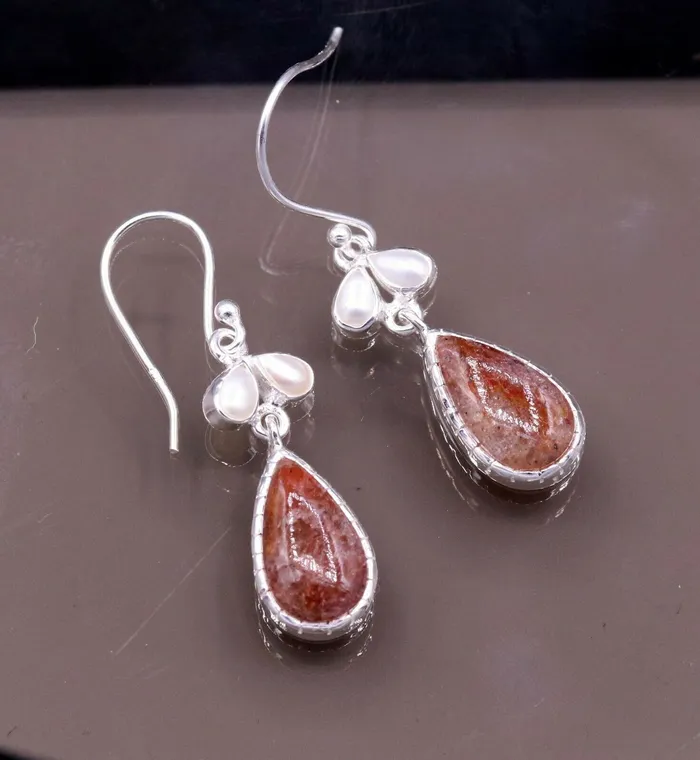 TRIBAL ORNAMENTS Earrings Vintage design style stone 925 sterling silver dangling hoop earrings s323