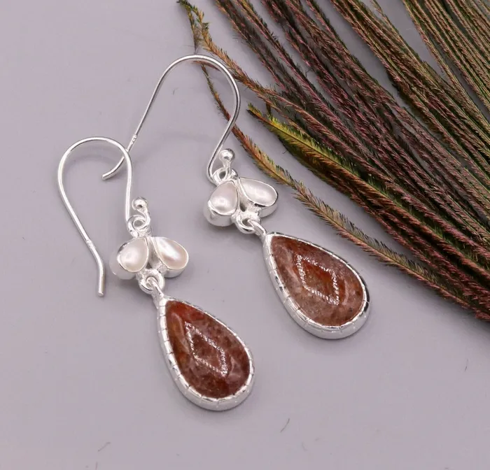 TRIBAL ORNAMENTS Earrings Vintage design style stone 925 sterling silver dangling hoop earrings s323