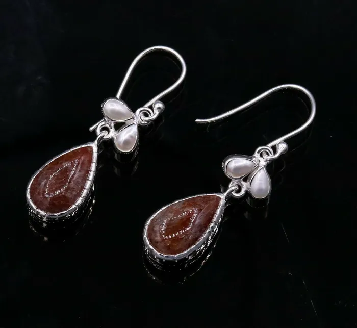 TRIBAL ORNAMENTS Earrings Vintage design style stone 925 sterling silver dangling hoop earrings s323