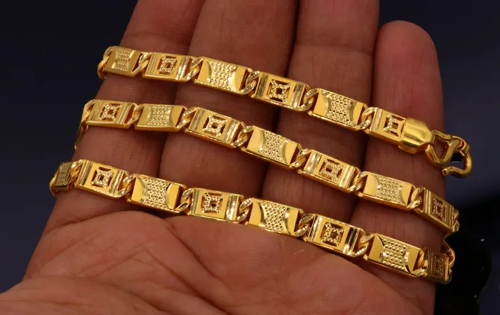 TRIBAL ORNAMENTS Necklaces 22 inch long 22kt yellow gold handmade navabi nawabi chain necklace gorgeous diamond cut design india jewelry for gifting
