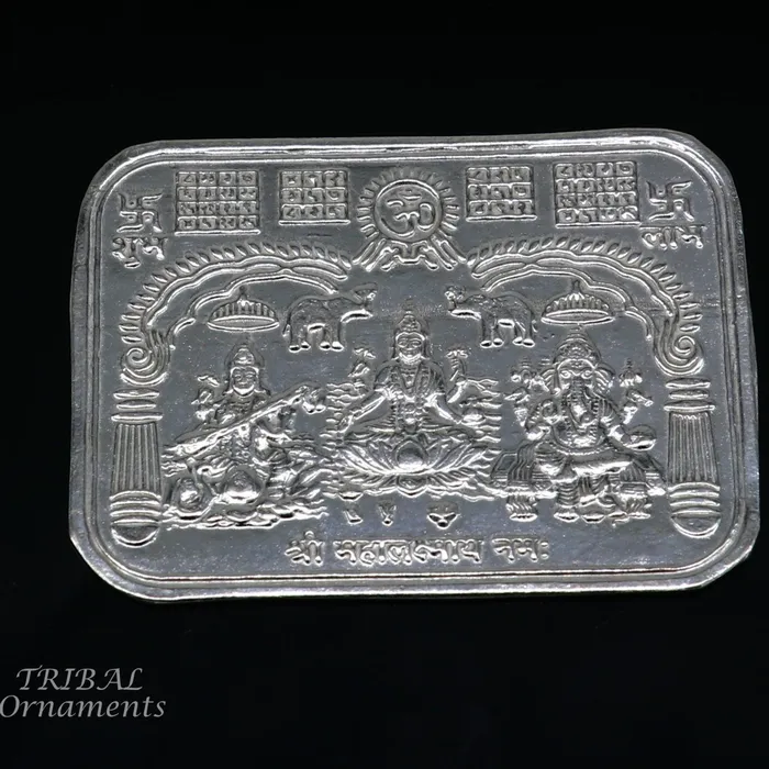 TRIBAL ORNAMENTS Necklaces 5 x 4 cm 925 sterling silver handmade Shree lakshmi frame Ganesha and Sarashwati silver holy divine article for wealth and prosperity su846