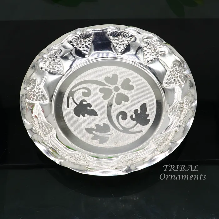 TRIBAL ORNAMENTS Necklaces 925 sterling silver exclusive handcrafted work light weight Puja tray or plate puja utensils silver article silver thali sv266