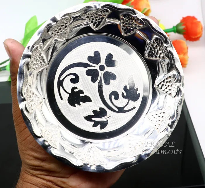 TRIBAL ORNAMENTS Necklaces 925 sterling silver exclusive handcrafted work light weight Puja tray or plate puja utensils silver article silver thali sv266