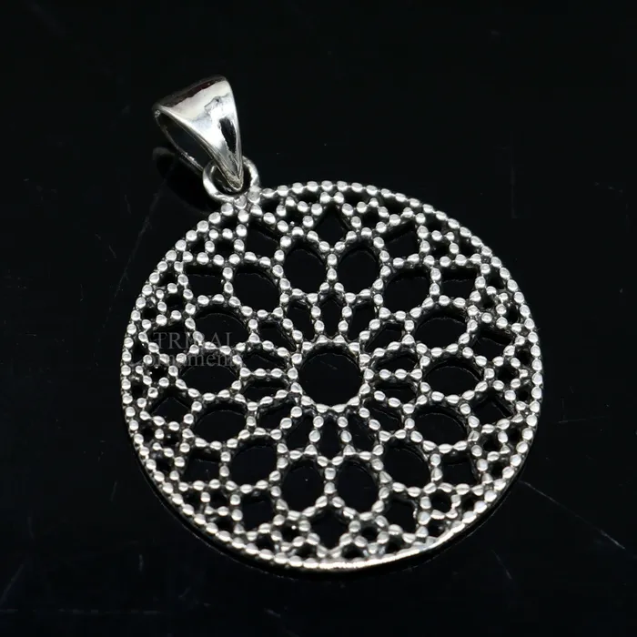 TRIBAL ORNAMENTS Necklaces 925 sterling silver handmade stylish round floral design small pendant best gifting jewelry from india ssp1600