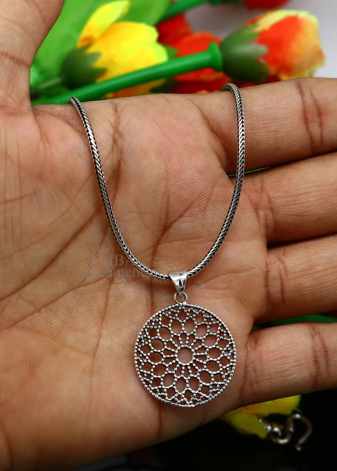 TRIBAL ORNAMENTS Necklaces 925 sterling silver handmade stylish round floral design small pendant best gifting jewelry from india ssp1600