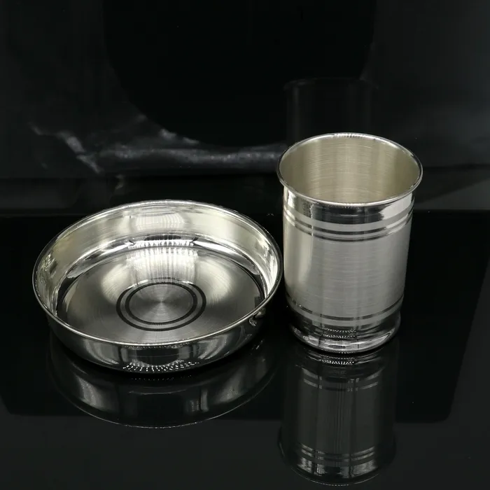 TRIBAL ORNAMENTS Necklaces 999 fine silver Watermilk tumbler and plate silver vessel silver baby utensils silver puja article gifting utensils from india sv112