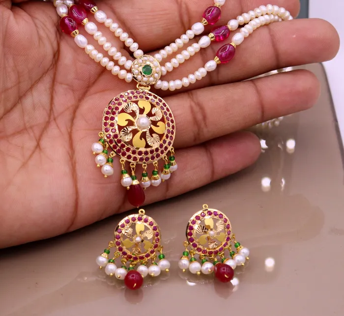 TRIBAL ORNAMENTS Necklaces Certified 22kt yellow gold handcrafted necklace set with amazing hanging color beads ruby emerald pearl wedding party tribal jewelry india