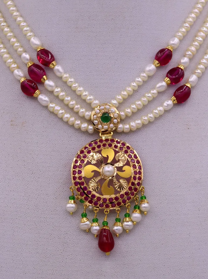 TRIBAL ORNAMENTS Necklaces Certified 22kt yellow gold handcrafted necklace set with amazing hanging color beads ruby emerald pearl wedding party tribal jewelry india