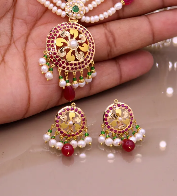 TRIBAL ORNAMENTS Necklaces Certified 22kt yellow gold handcrafted necklace set with amazing hanging color beads ruby emerald pearl wedding party tribal jewelry india