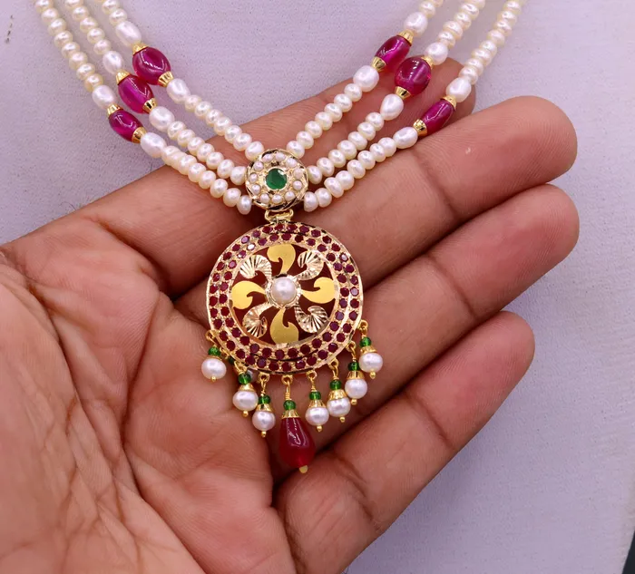 TRIBAL ORNAMENTS Necklaces Certified 22kt yellow gold handcrafted necklace set with amazing hanging color beads ruby emerald pearl wedding party tribal jewelry india