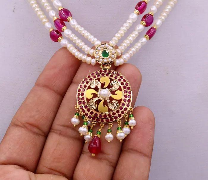TRIBAL ORNAMENTS Necklaces Certified 22kt yellow gold handcrafted necklace set with amazing hanging color beads ruby emerald pearl wedding party tribal jewelry india