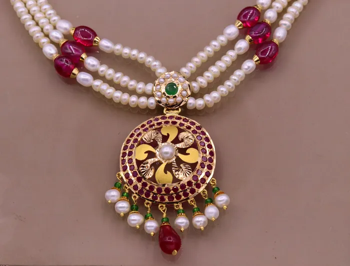 TRIBAL ORNAMENTS Necklaces Certified 22kt yellow gold handcrafted necklace set with amazing hanging color beads ruby emerald pearl wedding party tribal jewelry india
