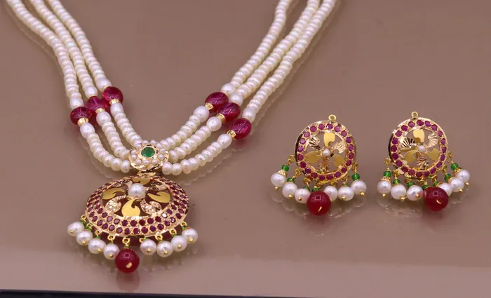 TRIBAL ORNAMENTS Necklaces Certified 22kt yellow gold handcrafted necklace set with amazing hanging color beads ruby emerald pearl wedding party tribal jewelry india