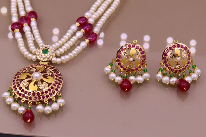 TRIBAL ORNAMENTS Necklaces Certified 22kt yellow gold handcrafted necklace set with amazing hanging color beads ruby emerald pearl wedding party tribal jewelry india