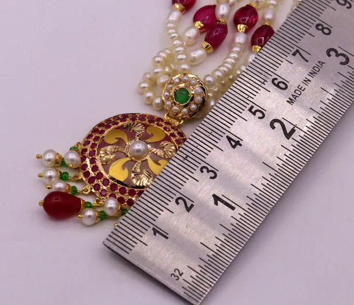 TRIBAL ORNAMENTS Necklaces Certified 22kt yellow gold handcrafted necklace set with amazing hanging color beads ruby emerald pearl wedding party tribal jewelry india