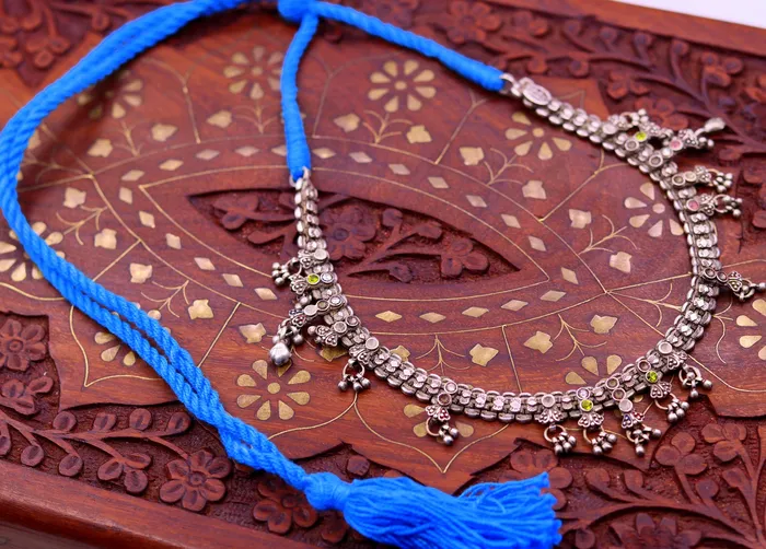 TRIBAL ORNAMENTS Necklaces Traditional indian Handmade sterling silver adjustable necklace with fabulous hangings excellent tribal jewelry belly dance jewelry set94