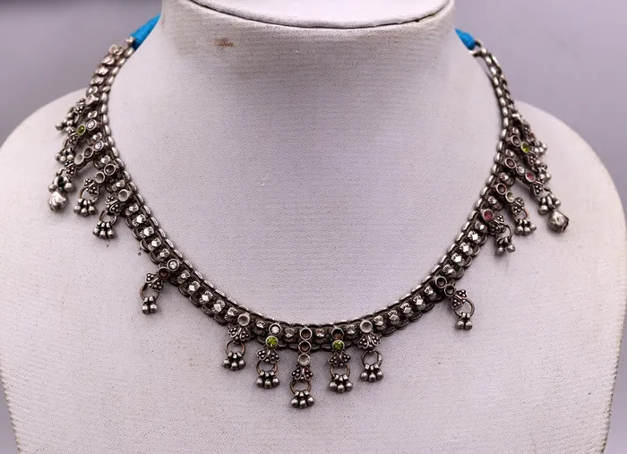 TRIBAL ORNAMENTS Necklaces Traditional indian Handmade sterling silver adjustable necklace with fabulous hangings excellent tribal jewelry belly dance jewelry set94