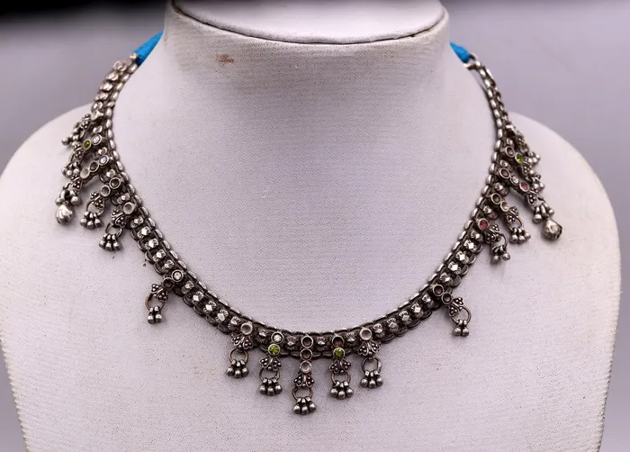 TRIBAL ORNAMENTS Necklaces Traditional indian Handmade sterling silver adjustable necklace with fabulous hangings excellent tribal jewelry belly dance jewelry set94