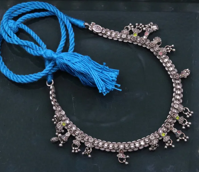 TRIBAL ORNAMENTS Necklaces Traditional indian Handmade sterling silver adjustable necklace with fabulous hangings excellent tribal jewelry belly dance jewelry set94