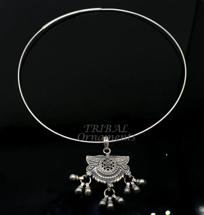 TRIBAL ORNAMENTS Rings 1mm round plain design 925 sterling silver handmade neck band or neck ring for all types of pendant best ethnic choker from india set519