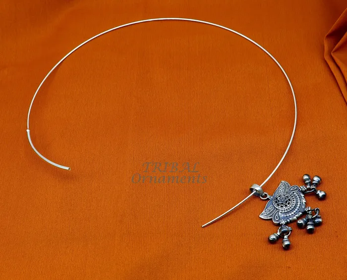 TRIBAL ORNAMENTS Rings 1mm round plain design 925 sterling silver handmade neck band or neck ring for all types of pendant best ethnic choker from india set519