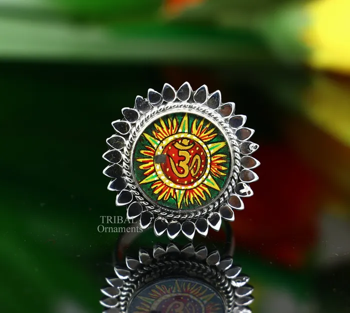TRIBAL ORNAMENTS Rings 925 sterling silver band fabulous Idol Aum or OM miniature art painting ring Stylish ethnic party functional jewelry RRing510 TRIBAL ORNAMENTS Rings 925 sterling silver band fabulous Idol Aum or OM miniature art painting ring Stylish ethnic party functional jewelry RRing510