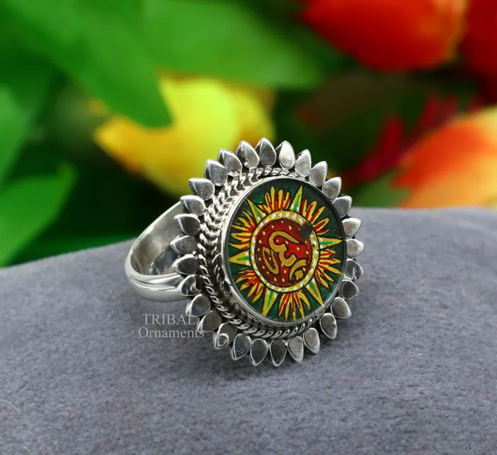 TRIBAL ORNAMENTS Rings 925 sterling silver band fabulous Idol Aum or OM miniature art painting ring Stylish ethnic party functional jewelry RRing510
