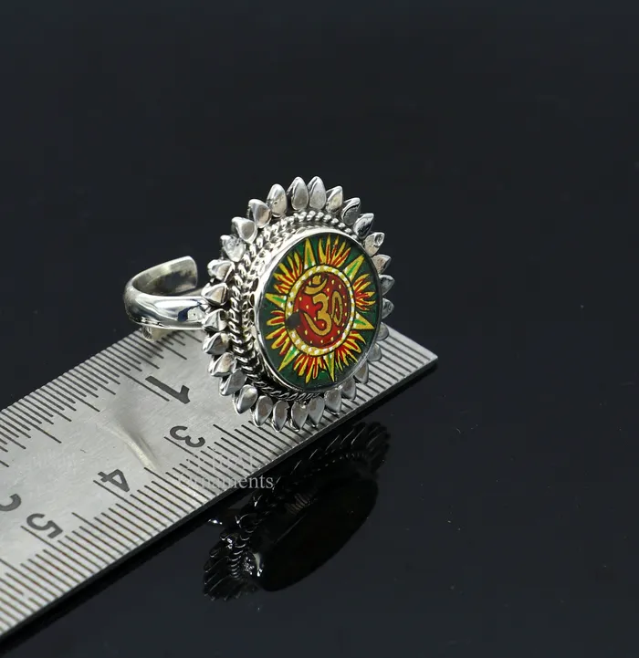 TRIBAL ORNAMENTS Rings 925 sterling silver band fabulous Idol Aum or OM miniature art painting ring Stylish ethnic party functional jewelry RRing510