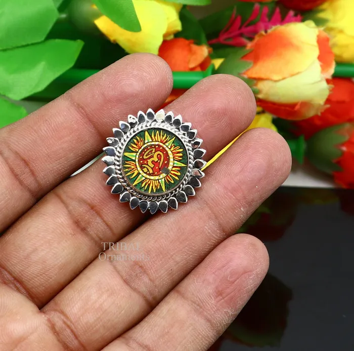 TRIBAL ORNAMENTS Rings 925 sterling silver band fabulous Idol Aum or OM miniature art painting ring Stylish ethnic party functional jewelry RRing510