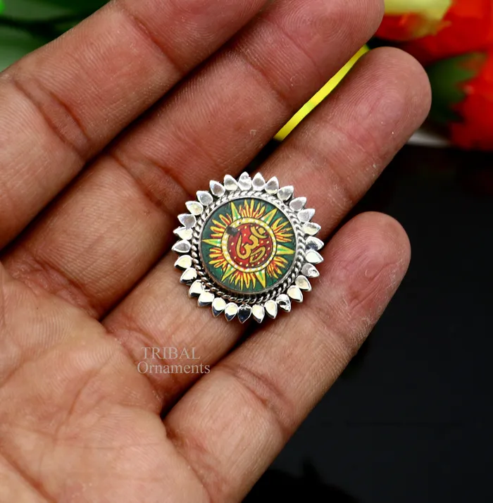 TRIBAL ORNAMENTS Rings 925 sterling silver band fabulous Idol Aum or OM miniature art painting ring Stylish ethnic party functional jewelry RRing510