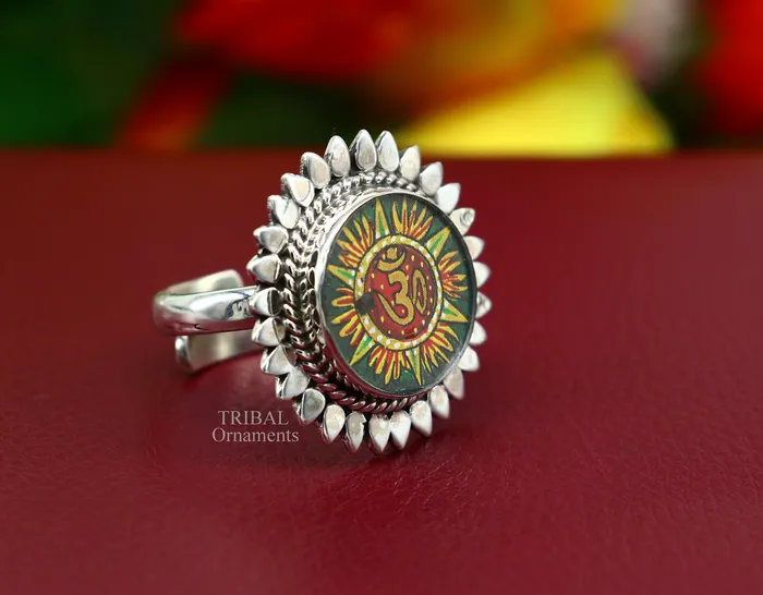 TRIBAL ORNAMENTS Rings 925 sterling silver band fabulous Idol Aum or OM miniature art painting ring Stylish ethnic party functional jewelry RRing510