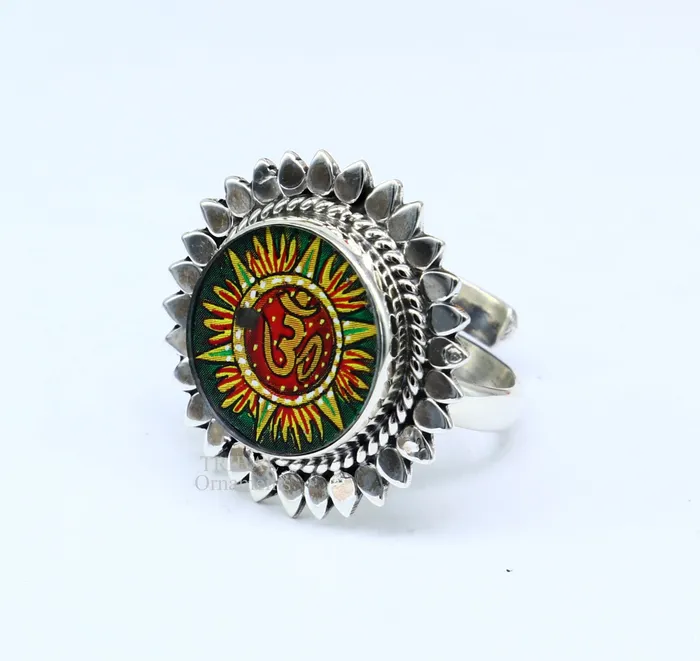 TRIBAL ORNAMENTS Rings 925 sterling silver band fabulous Idol Aum or OM miniature art painting ring Stylish ethnic party functional jewelry RRing510