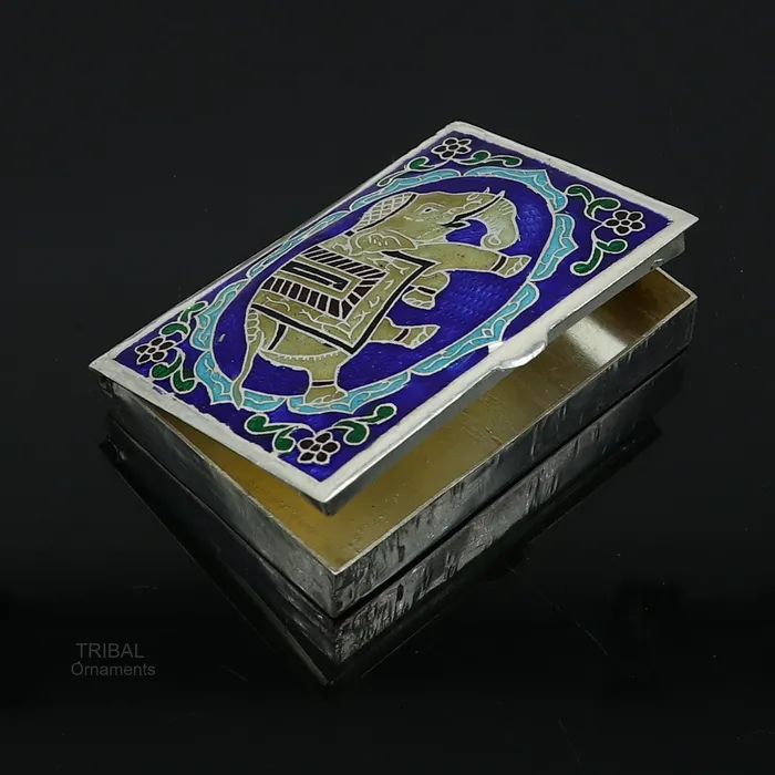 TRIBAL ORNAMENTS Rings 925 Sterling silver handmade trinket box solid container box casket box sindoor box enamel elephant work customized gifting box stb334