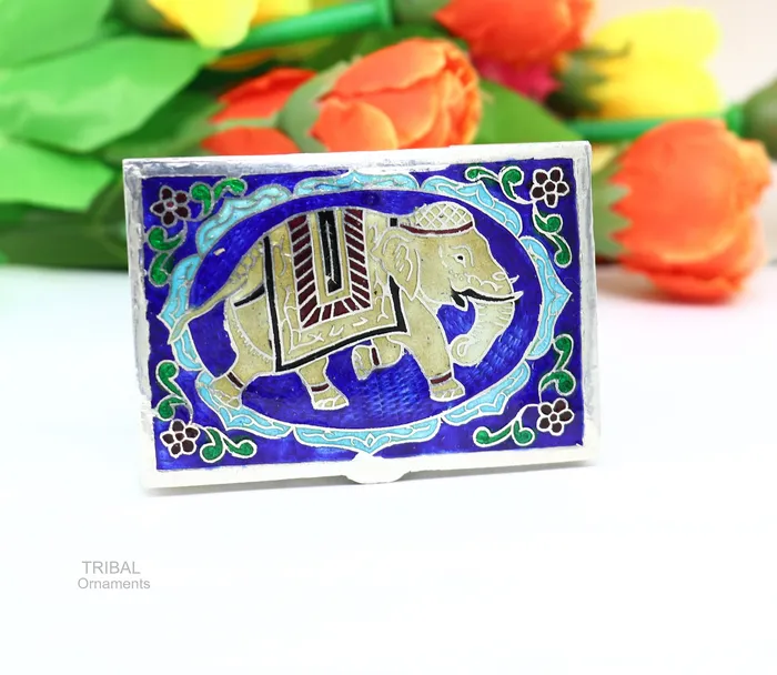 TRIBAL ORNAMENTS Rings 925 Sterling silver handmade trinket box solid container box casket box sindoor box enamel elephant work customized gifting box stb334