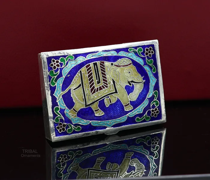 TRIBAL ORNAMENTS Rings 925 Sterling silver handmade trinket box solid container box casket box sindoor box enamel elephant work customized gifting box stb334
