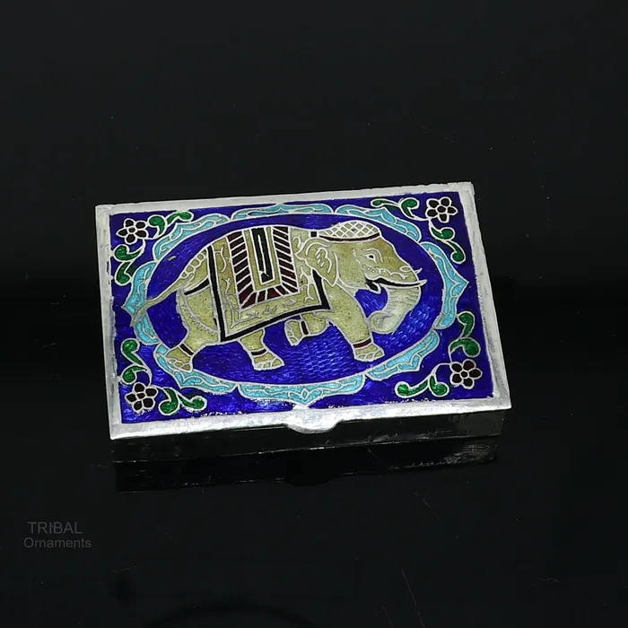 TRIBAL ORNAMENTS Rings 925 Sterling silver handmade trinket box solid container box casket box sindoor box enamel elephant work customized gifting box stb334