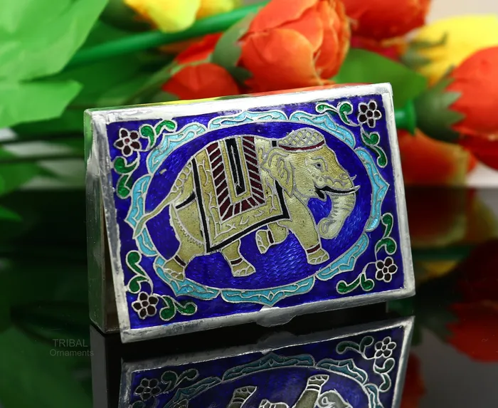TRIBAL ORNAMENTS Rings 925 Sterling silver handmade trinket box solid container box casket box sindoor box enamel elephant work customized gifting box stb334
