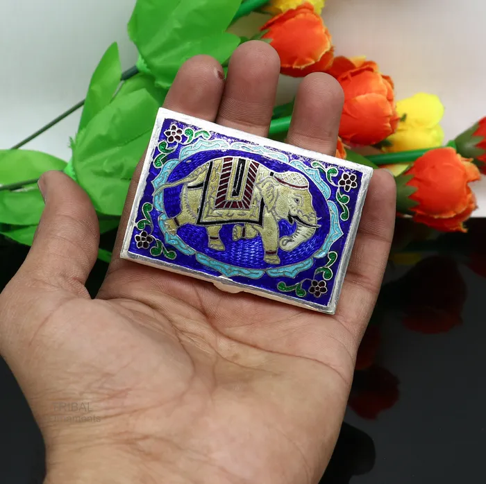 TRIBAL ORNAMENTS Rings 925 Sterling silver handmade trinket box solid container box casket box sindoor box enamel elephant work customized gifting box stb334