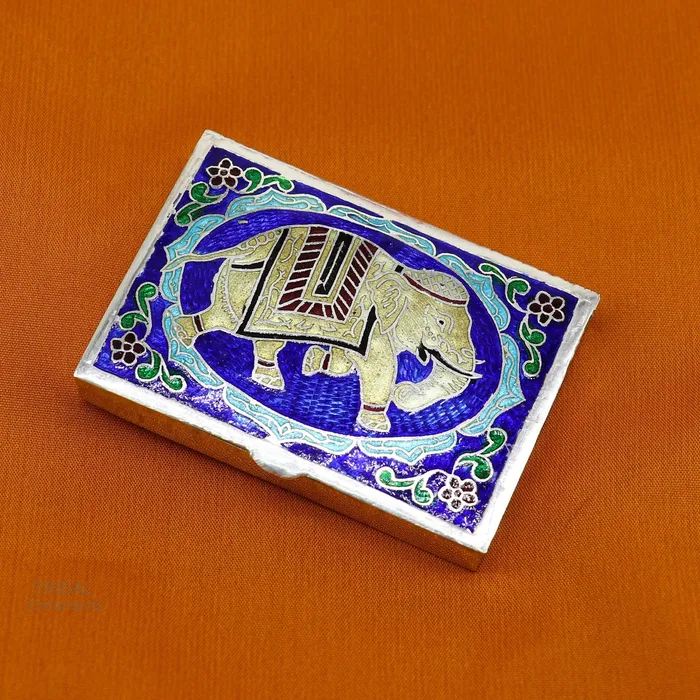 TRIBAL ORNAMENTS Rings 925 Sterling silver handmade trinket box solid container box casket box sindoor box enamel elephant work customized gifting box stb334