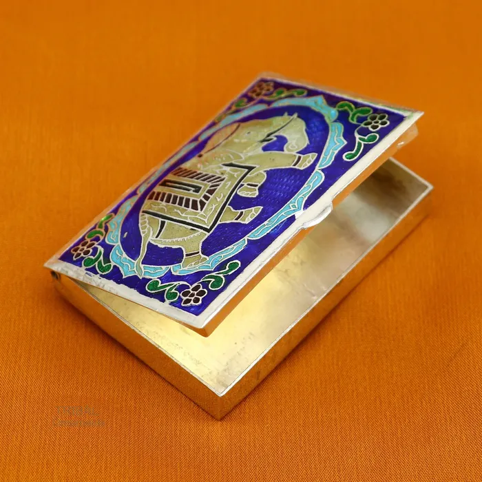 TRIBAL ORNAMENTS Rings 925 Sterling silver handmade trinket box solid container box casket box sindoor box enamel elephant work customized gifting box stb334