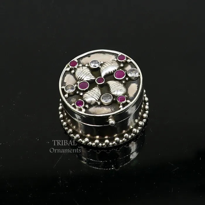 TRIBAL ORNAMENTS Rings 925 sterling silver Stunning stone work design cz stone trinket box kajal eyeliner box Sindur box brides gift silver box stb745 TRIBAL ORNAMENTS Rings 925 sterling silver Stunning stone work design cz stone trinket box kajal eyeliner box Sindur box brides gift silver box stb745