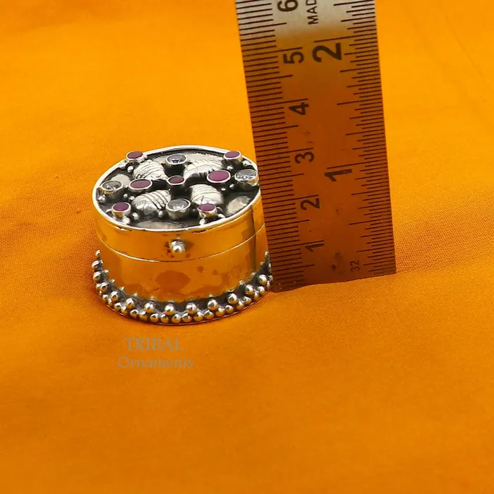 TRIBAL ORNAMENTS Rings 925 sterling silver Stunning stone work design cz stone trinket box kajal eyeliner box Sindur box brides gift silver box stb745 TRIBAL ORNAMENTS Rings 925 sterling silver Stunning stone work design cz stone trinket box kajal eyeliner box Sindur box brides gift silver box stb745