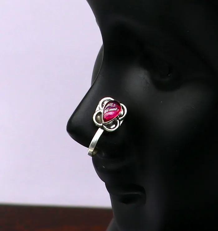 TRIBAL ORNAMENTS Rings 925 sterling silver vintage antique design single stone nose pin Bollywood stylish clip on nose plug best gifting party jewelry np116 TRIBAL ORNAMENTS Rings 925 sterling silver vintage antique design single stone nose pin Bollywood stylish clip on nose plug best gifting party jewelry np116