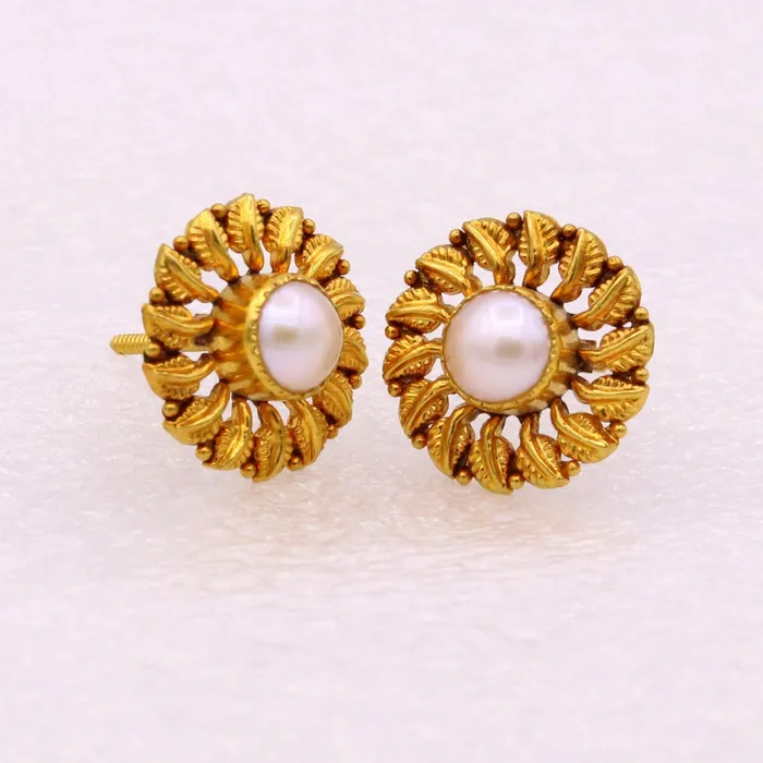 TRIBAL ORNAMENTS Vintage antique design certified 22kt yellow gold flower shape leaf design handmade stud earring gorgeous tribal jewelry india Earrings