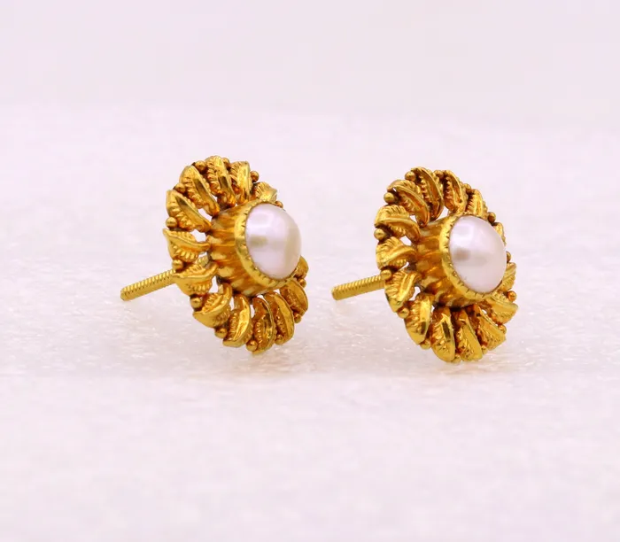 TRIBAL ORNAMENTS Vintage antique design certified 22kt yellow gold flower shape leaf design handmade stud earring gorgeous tribal jewelry india Earrings