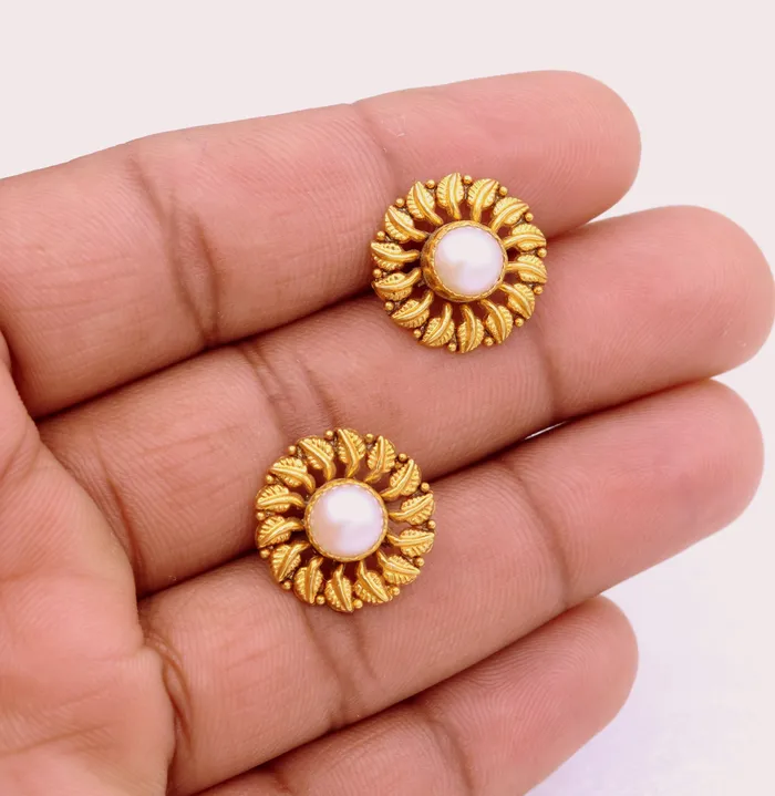 TRIBAL ORNAMENTS Vintage antique design certified 22kt yellow gold flower shape leaf design handmade stud earring gorgeous tribal jewelry india Earrings