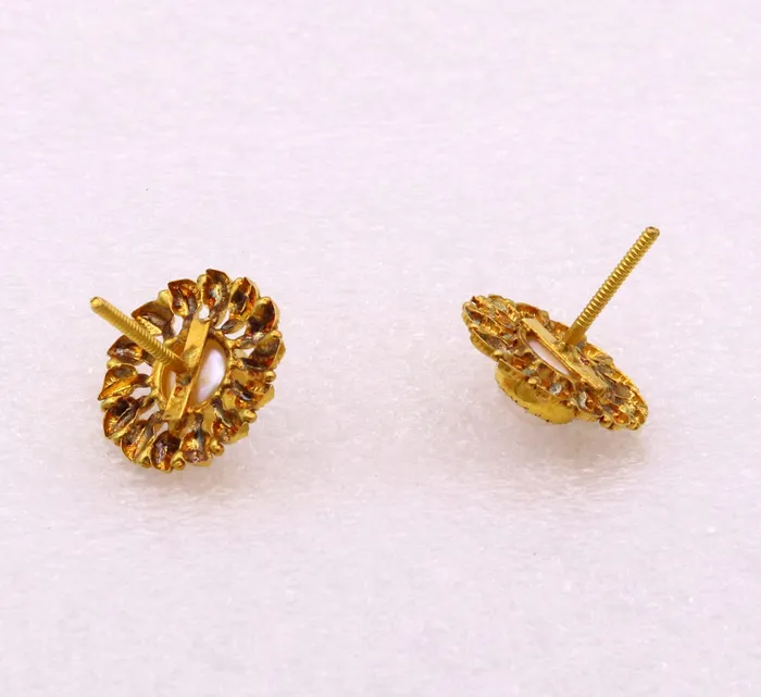 TRIBAL ORNAMENTS Vintage antique design certified 22kt yellow gold flower shape leaf design handmade stud earring gorgeous tribal jewelry india Earrings