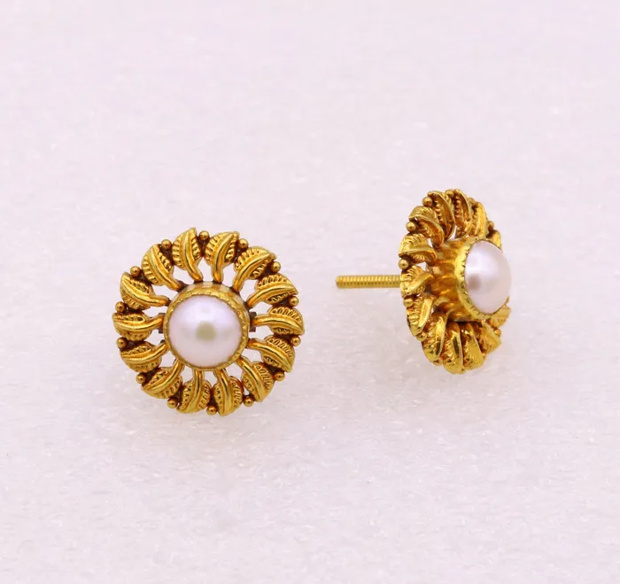 TRIBAL ORNAMENTS Vintage antique design certified 22kt yellow gold flower shape leaf design handmade stud earring gorgeous tribal jewelry india Earrings