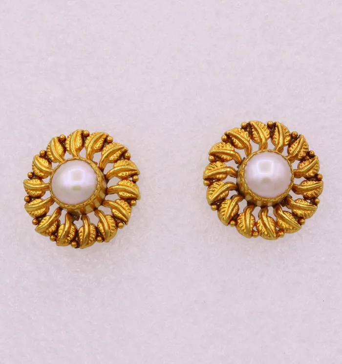 TRIBAL ORNAMENTS Vintage antique design certified 22kt yellow gold flower shape leaf design handmade stud earring gorgeous tribal jewelry india Earrings